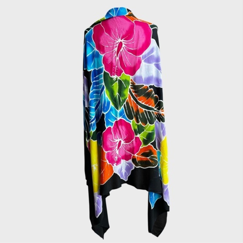 Black Bright Tropical Flower Scarf Wrap Hawaii Vacation Resort Hibiscus